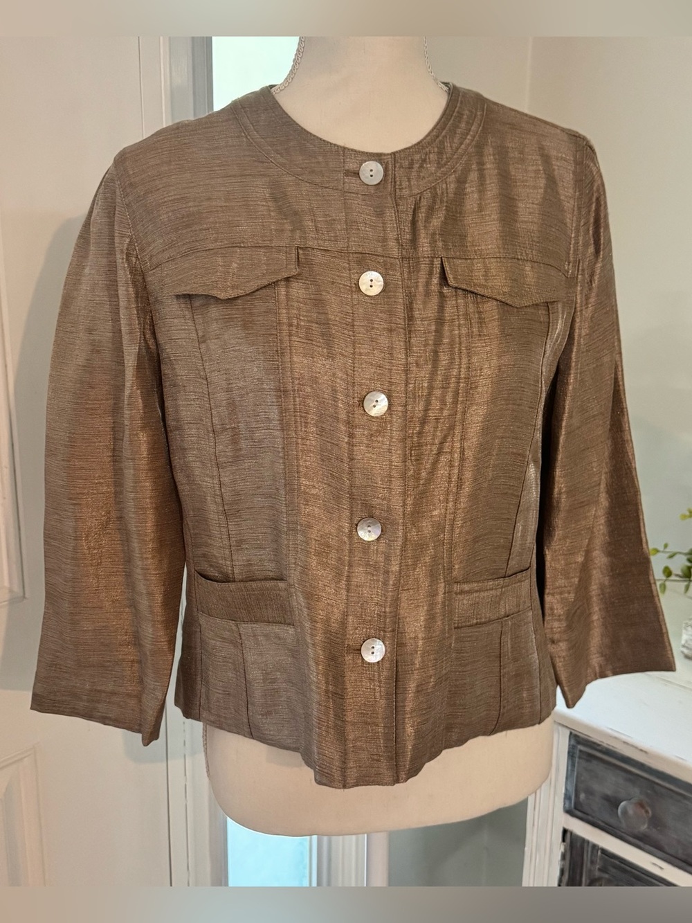 Ruby Rd. Shimmer Gold Textured Collarless Jacket Sz 14P Chic Career to Cocktail